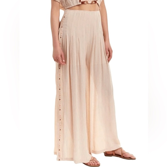 Free People Women’s Santoshi Pant Size 8 Crepe Neutral w/ Embroidered Side Trim - Picture 1 of 8